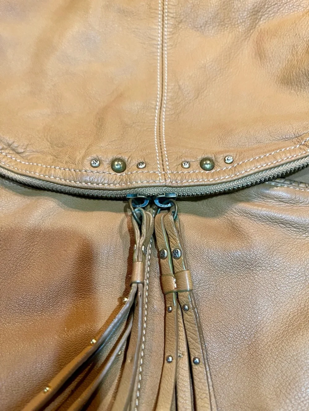 Hayden Harnett Shoulder Bag Tan Leather Hobo with Tassel & Hardware Detail
